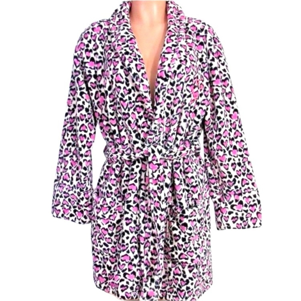 VICTORIA’S SECRET Plush Robe Pink Heart Leopard Short Kimono Cozy Fleece M/L